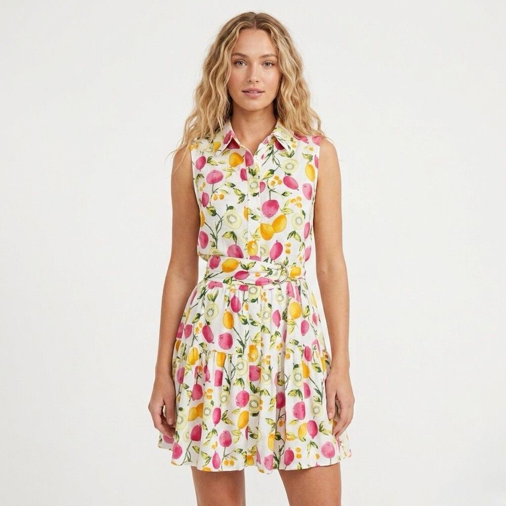 Cynthia Rowley Linen Fruit Print Sleeveless Belted Tiered Shirtdress 12 NWOT